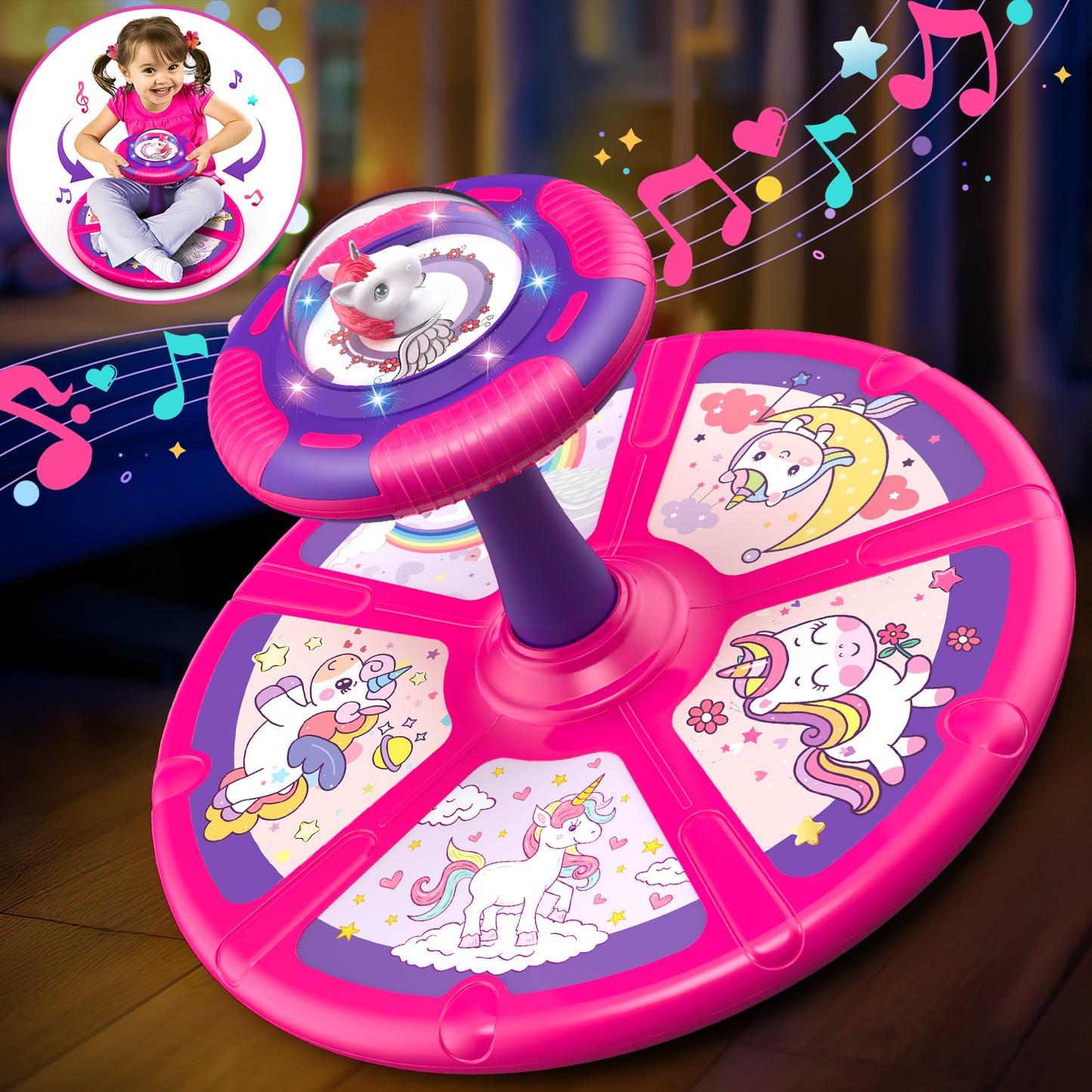 Huge Wave Unicorn Sit and Spin Toys for Toddlers 1-3, 360 Degree Spinning Seat for Kids with LED & Music, Indoor Active Play Toys Birthday Christmas Gifts for 2 3 4 5 6 Years Old Girls