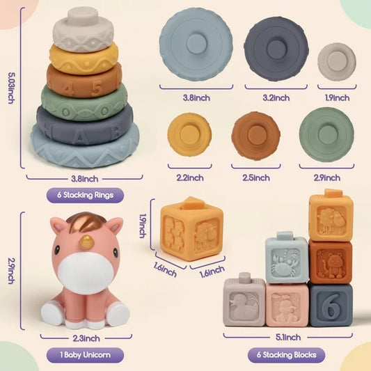 13PCS Soft Blocks for Babies 6 12 18 Months, Unicorn Baby Bath Toys, Montessori Teething Toys, First Birthday Gifts for Baby Girls Boys.