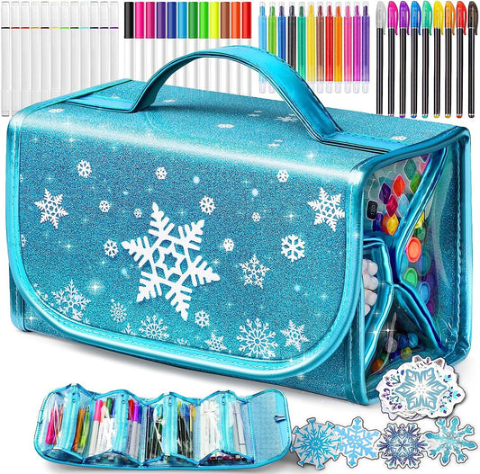 45 Pcs Fruit Scented Markers Set for Kids, Frozen Snowflake Pencil Case, Art & Coloring School Supplies Kit with Stickers&Washbale Pens, Christmas Birthday Gifts for Boys & Girls 3+