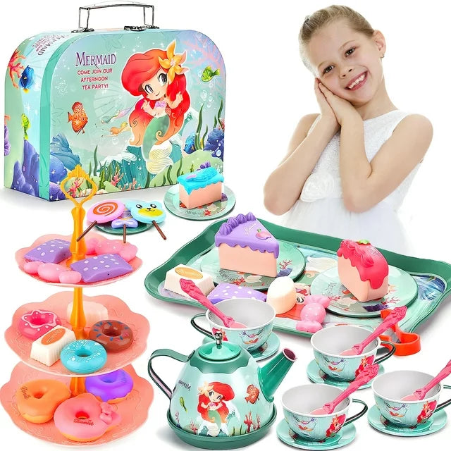 48 Pcs Kids Tea Set with Treats, Pretend Play Tea Set for Imaginative Fun, Mermaid Themed Toy Tea Set for Children, Perfect for Pretend Tea Parties, Birthday Christmas Gift for Girls 3+