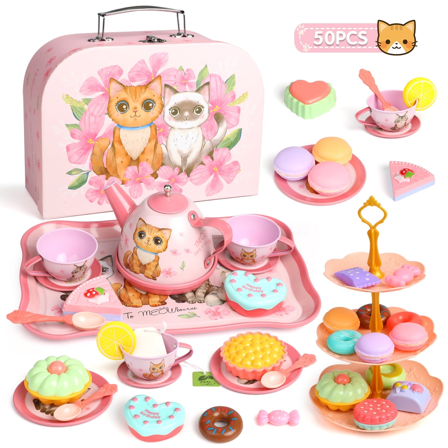 Huge Wave 50PCS Tea Party Set, Gift for Girls Age 3 4 5 6+ Years, Cute Cat Tea Party Set Kitchen Pretend PrincessToys with Carrying Case, Toddler Girls Christmas Birthday Gift