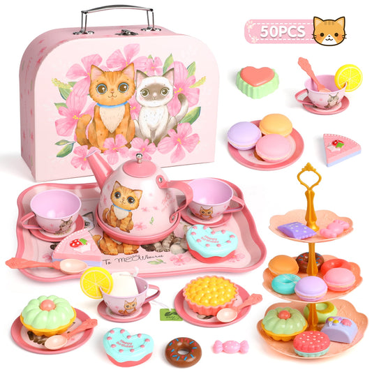 Huge Wave 50PCS Tea Party Set, Gift for Girls Age 3 4 5 6+ Years, Cute Cat Tea Party Set Kitchen Pretend PrincessToys with Carrying Case, Toddler Girls Christmas Birthday Gift