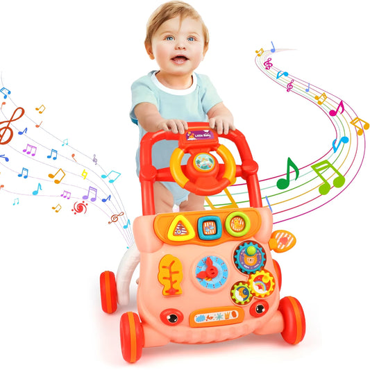 Wave Baby Push Walker Toys, Sit to Stand Early Learning Walker with Activity Center, Baby Push Walker Toy Gift for 6-12 12-18 Months, Red