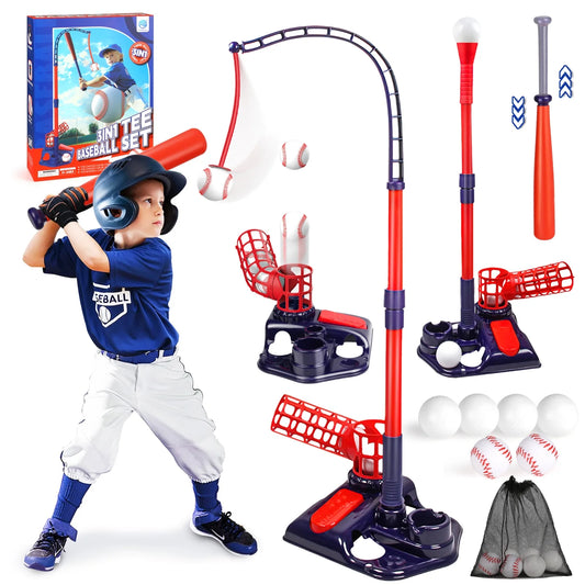 3-in-1 Kids Baseball Set for Ages 3-8, T-Ball Sport Play Set Toys, Baseball Bat Adjustable Height, Indoor/Outdoor Backyard Sports Games Gifts for Boys and Girls(Blue)