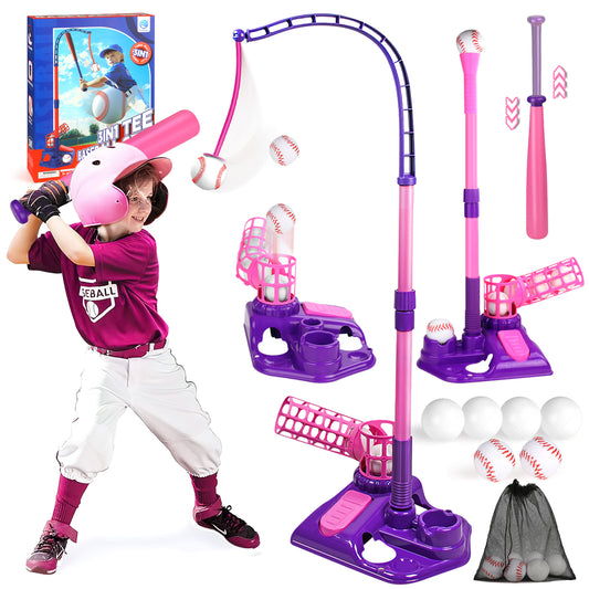 T-Ball Set Baseball Sport Toys for Girls 3-6, Kids Outdoor Toys Includes 6 Balls, Toddlers Outdoor Backyard Baseball Game Sports Play Set for Kids Boys & Girls Ages 3-8, Pink