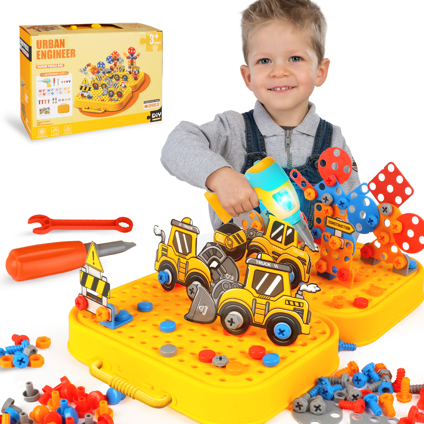 Huge Wave 229Pcs Kids Tool Set, Pretend Play Construction Toys with Tool Box & Glow Electronic Drill, Magic Montessori Play Toy 2D/3D, Christmas Gifts for Boys Girls Aged 3-8