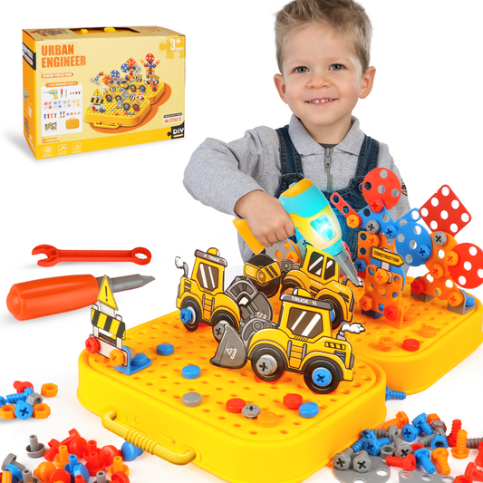 Huge Wave 229Pcs Kids Tool Set, Pretend Play Construction Toys with Tool Box & Glow Electronic Drill, Magic Montessori Play Toy 2D/3D, Christmas Gifts for Boys Girls Aged 3-8
