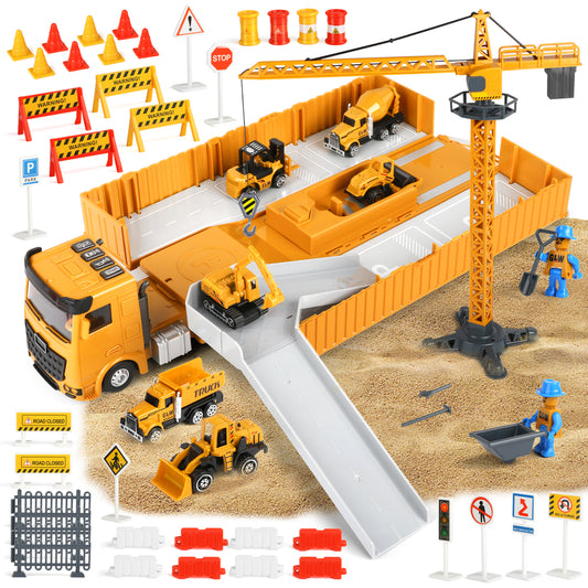 Construction Vehicle Toy Engineering Vehicles Set, 6 Alloy Cars/42 Accessories/2 Figures Construction Truck Toys Set w/tower crane, Toy Gift for Age 3 4 5 6 7 Kids Boys & Girls