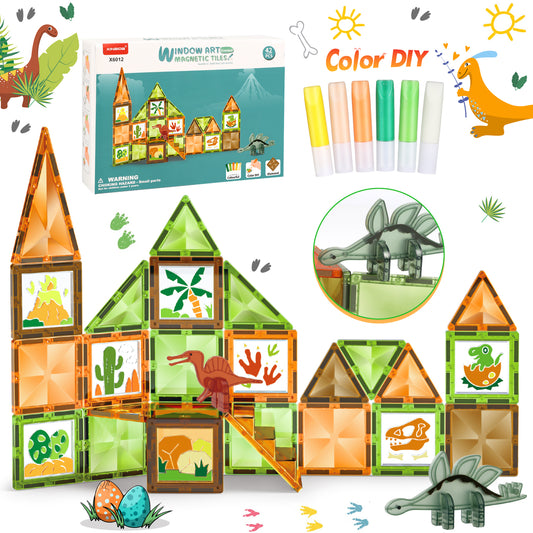 Dinosaur Magnetic Tiles Set, 42 Piece Magnetic Building Blocks Toys for Kids Ages 3-8, with DIY Magnet Tiles and 6 Paint Brush, STEM Educational Toddlers Toy Christmas Gift