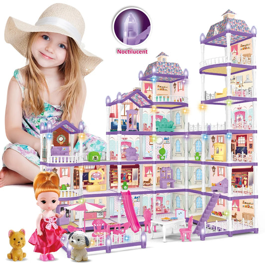 Kids DollHouse Set for Girls, 23 Rooms and 2 Balcony Doll house Furniture and Accessories with Colorful Lights, 493PCS Creative Toys Gift for Girls Ages 3+
