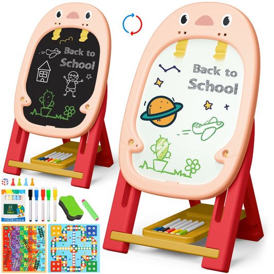 Huge Wave Easel for Kids, Double Sided Chalkboard and Whiteboard, with Drawing & Board Games Cards Accessories, Christmas Birthday Gift for Kids Age 2-6 (Pink)