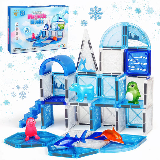 76 PCS Frozen Animals Magnetic Tiles for kids, 3D Building Blocks w/ 5 Animals Magnetic Toys for Toddlers, STEM Learning Toys Birthday Christmas Creative Gifts for Boys Girls 3 4 5 6+