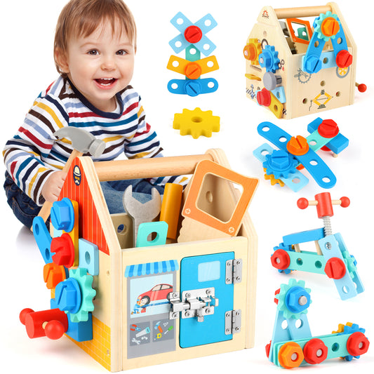 Huge Wave Kids Tool Set for Boys, Wooden Toddler Tool with Box, Montessori Educational Pretend Play Construction Toy, Christmas Gift for Age 2-6 Boys Girls