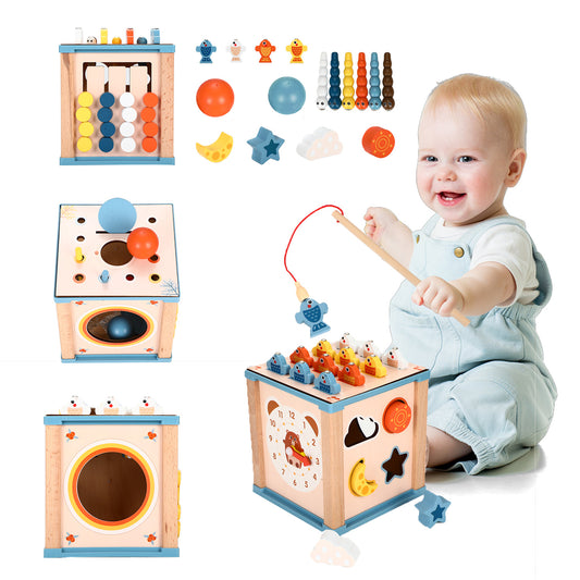 Huge Wave 9-in-1 Baby Activity Cube, Baby Montessori Learning Toys, with 6 Multicolor Sides Wooden, Educational Interactive Game, Birthday Gift for Kids Boys Girls 1 2 3 4 Years