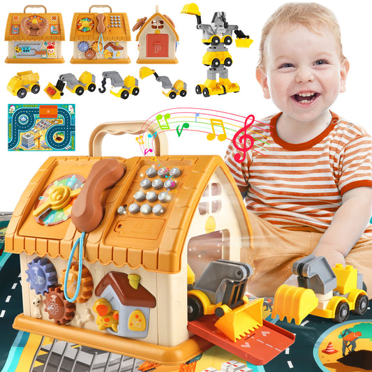 Huge Wave Toddler Montessori Toys for 1+ Year Old, 8-in-1 Multi-Functional Learning House, with 4 Building Cars and Map, Sound & Light Early Educational Baby Christmas Gifts