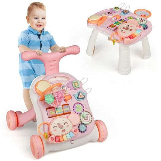 Multifunctional Sit-to-Stand Baby Walker for Baby, Early Educational Learning Toy and Activity Center for Boys and Girls-Pink, Birthday Christmas Gift for Toddlers