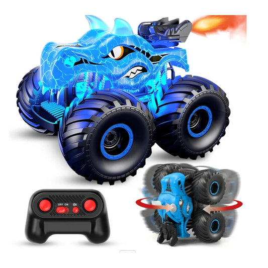 Remote Control Dinosaur Car, 2.4GHz Monster Trucks for Boys with Light, Sound & Spray, All Terrain RC Cars with 2 Batteries,Dinosaur Toys for Kids 3 4 5 6 7 8, Gifts for Boys Girls Blue