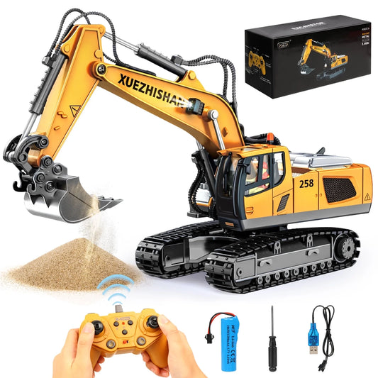 Remote Control Excavator Toys, 11 Channel RC Construction Vehicles Toys with Metal Shovel, Lights, Sounds, Birthday Gift Excavator Toys for Boys 4 5 6 7 8 Years Old