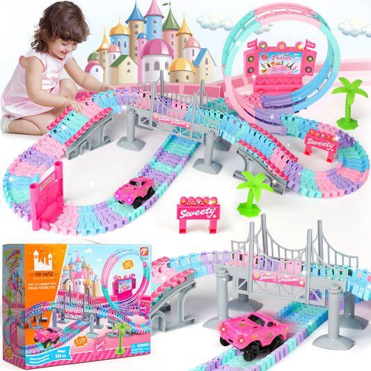 Huge Wave Slot Car Race Track Sets for Girls Boys 4-12, Flexible Race Car Playsets, 360° Loop Raceway Race Track, Best Christmas Birthday Car Toys for Kids, Pink