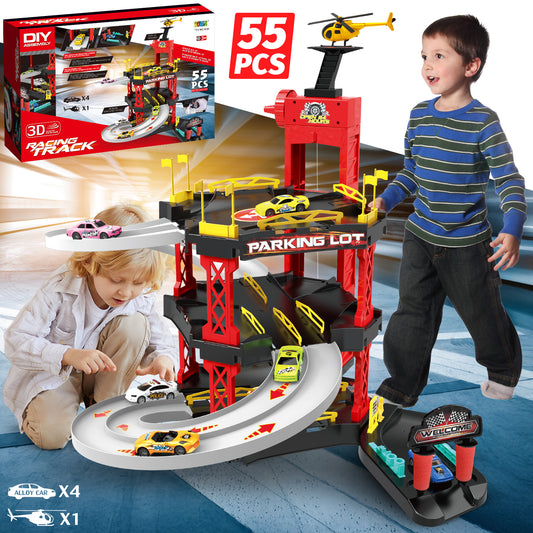 Huge Wave Garage Playset Race Car Track Set, Toy Vehicle Parking Lot for Toddlers, Race Ramp Track Toy, with 4 Alloy Cars & Helicopter, Kids Vehicle Set Gifts for 3-8 Years Old Boys and Girls