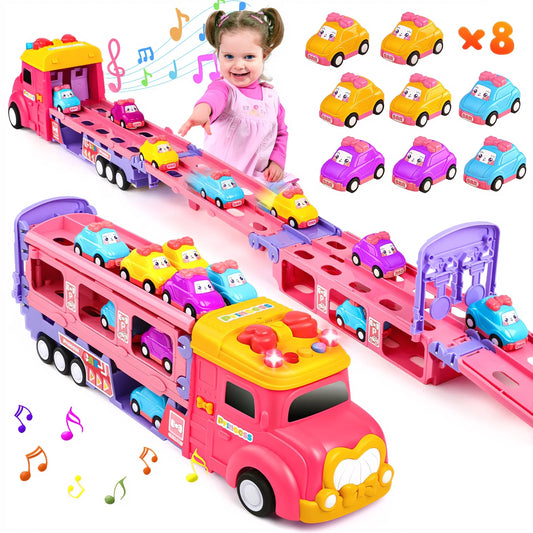 9 in 1 Princess Toy Carrier Truck for Girls, Foldable Transport Truck, Toddlers Pull Back Girl Toy Car Set for 2 3 Years Old, Kids Birthday Gift Christmas Toys Gift for Girls 3 4 5 6+