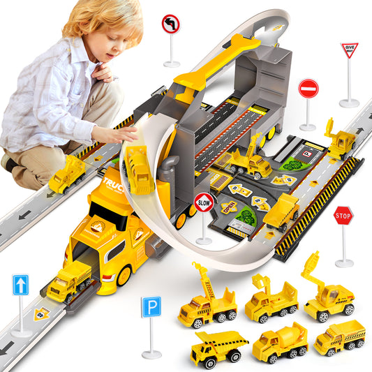 Construction Trucks for Toddlers Race Track Play set, 7in1 Construction Toys in Transport Car Carrier,Kids Construction Toys Birthday Gifts for Boys Girls 5-7(Yellow)