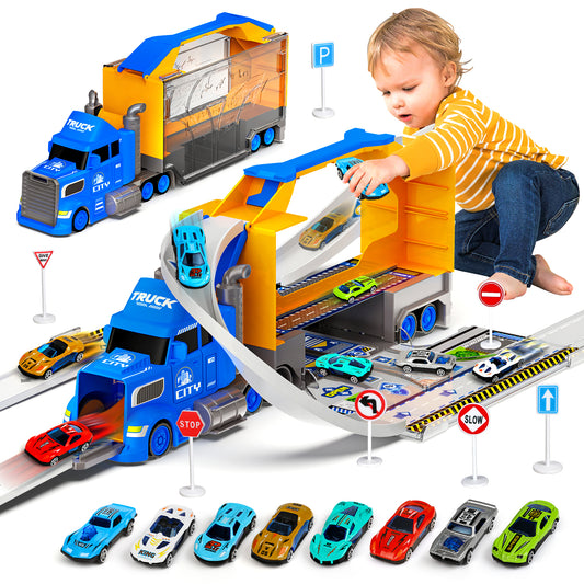 Carrier Truck Race Track Toys for Kids, 2 in1 Transport Trucks Set W/Car Track & 8 Race Cars, Truck Toys for 3-8 Years Old Boys Kids Toddler Car Set Gifts for Boys and Girls(Blue)
