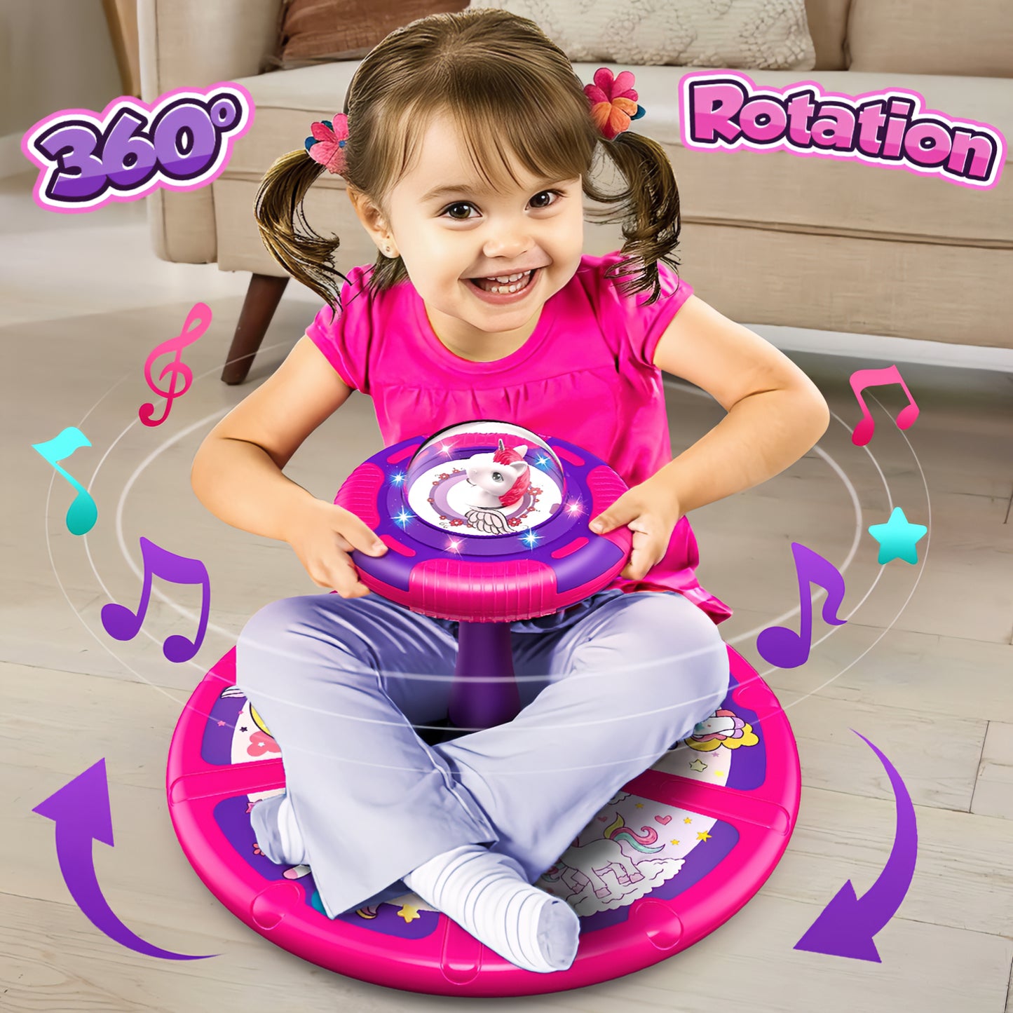 Huge Wave Unicorn Sit and Spin Toys for Toddlers 1-3, 360 Degree Spinning Seat for Kids with LED & Music, Indoor Active Play Toys Birthday Christmas Gifts for 2 3 4 5 6 Years Old Girls