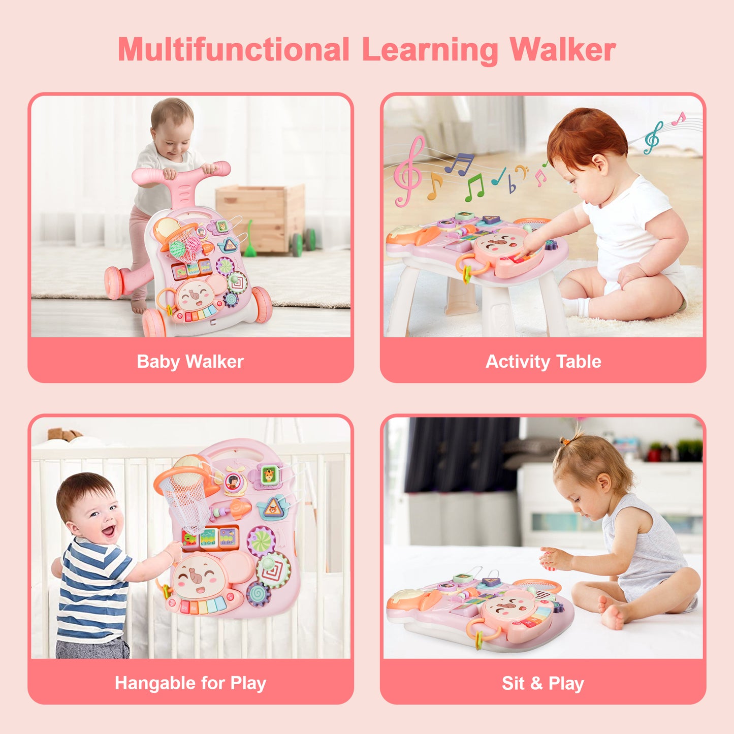 Multifunctional Sit-to-Stand Baby Walker for Baby, Early Educational Learning Toy and Activity Center for Boys and Girls-Pink, Birthday Christmas Gift for Toddlers