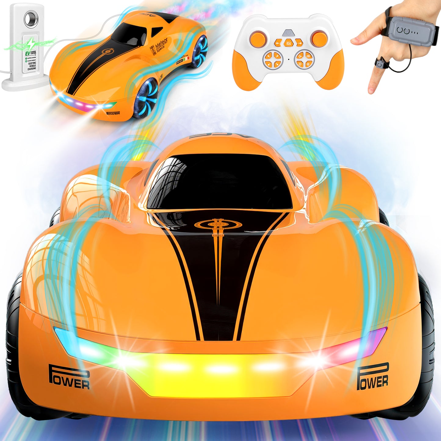 RC Cars for Aged 4-12 Boys , Rechargeable Remote Control Stunt Car, 360° Rotate, Cool Light & Dual Spray, Christmas Birthday Toy Gifts for Kids, Orange