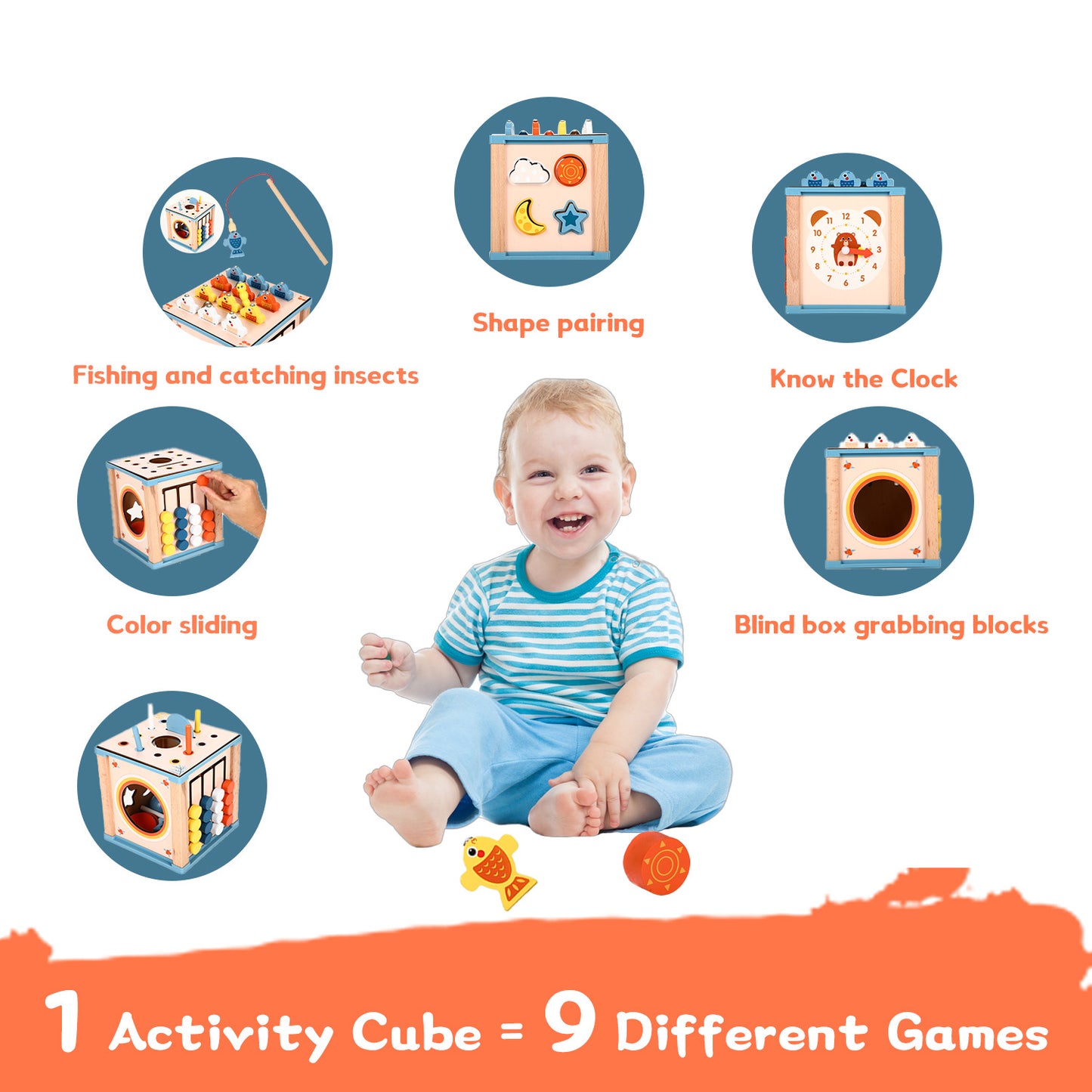 Huge Wave 9-in-1 Baby Activity Cube, Baby Montessori Learning Toys, with 6 Multicolor Sides Wooden, Educational Interactive Game, Birthday Gift for Kids Boys Girls 1 2 3 4 Years