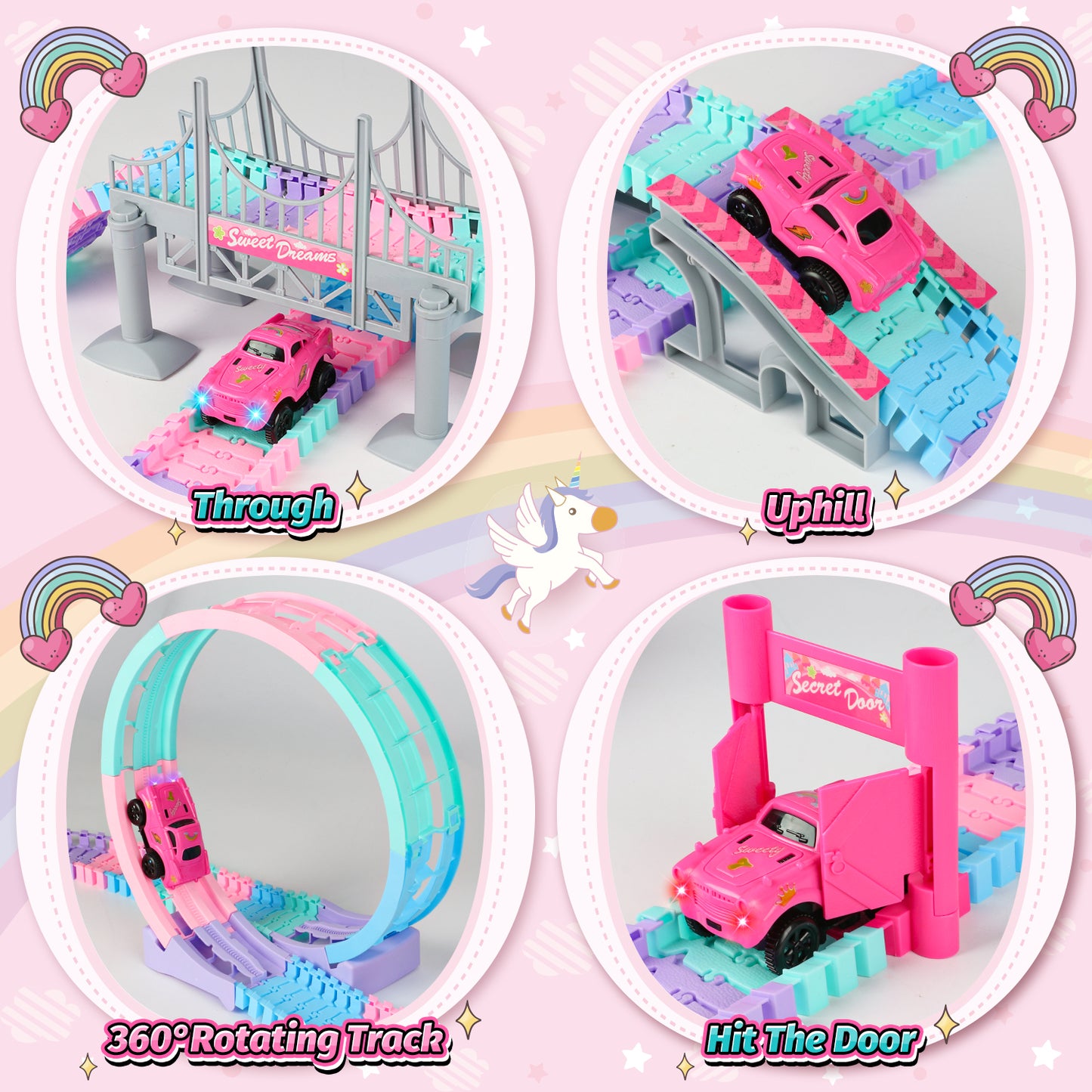 Huge Wave Slot Car Race Track Sets for Girls Boys 4-12, Flexible Race Car Playsets, 360° Loop Raceway Race Track, Best Christmas Birthday Car Toys for Kids, Pink