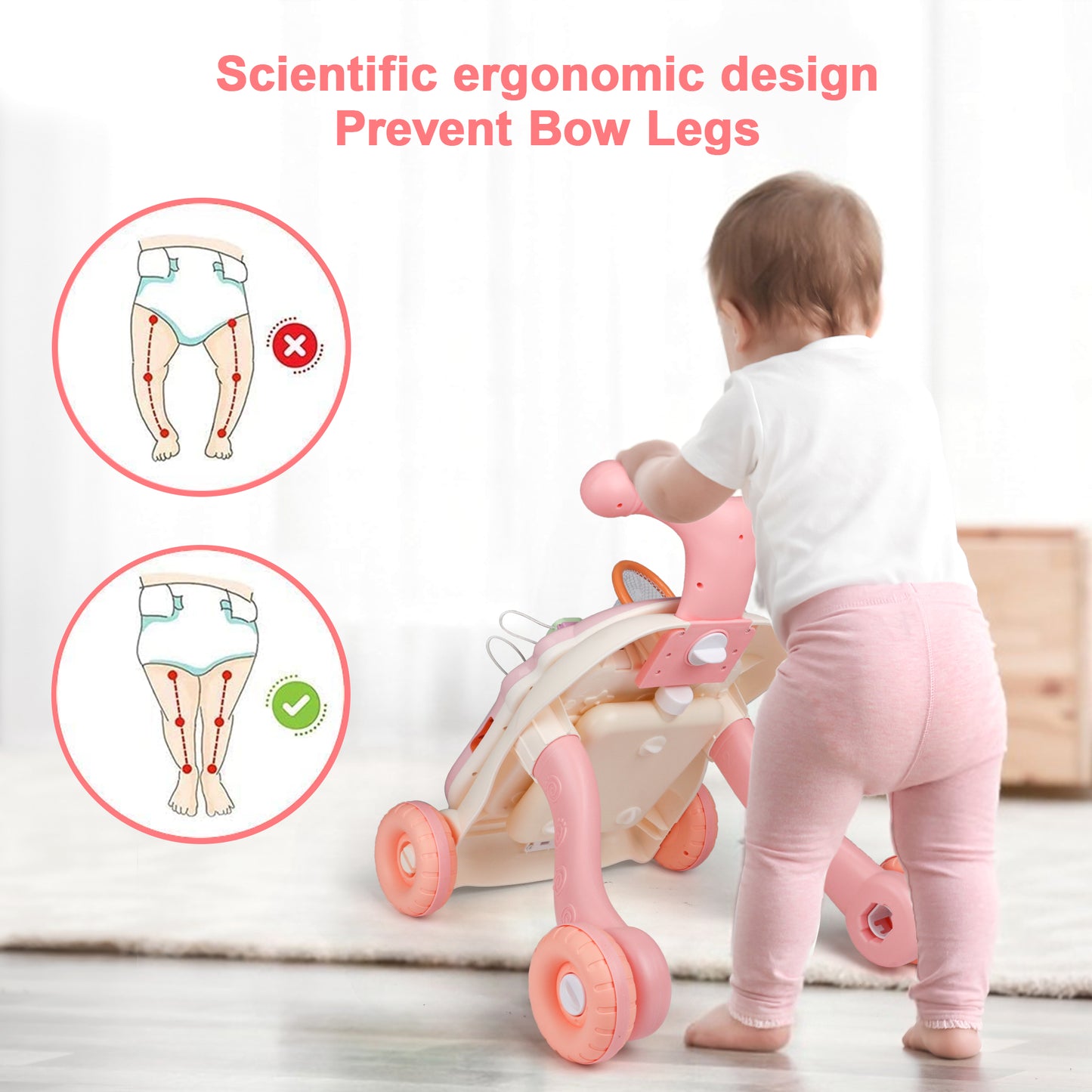 Multifunctional Sit-to-Stand Baby Walker for Baby, Early Educational Learning Toy and Activity Center for Boys and Girls-Pink, Birthday Christmas Gift for Toddlers