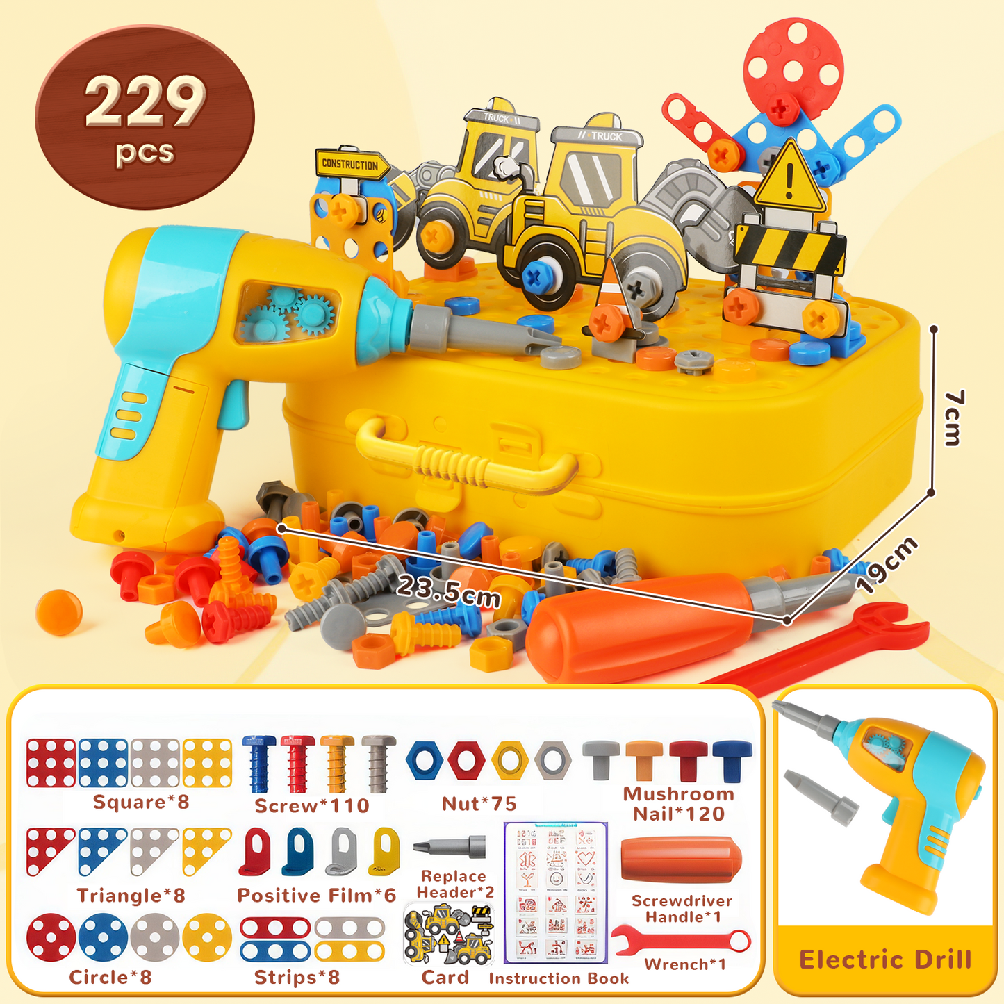 Huge Wave 229Pcs Kids Tool Set, Pretend Play Construction Toys with Tool Box & Glow Electronic Drill, Magic Montessori Play Toy 2D/3D, Christmas Gifts for Boys Girls Aged 3-8