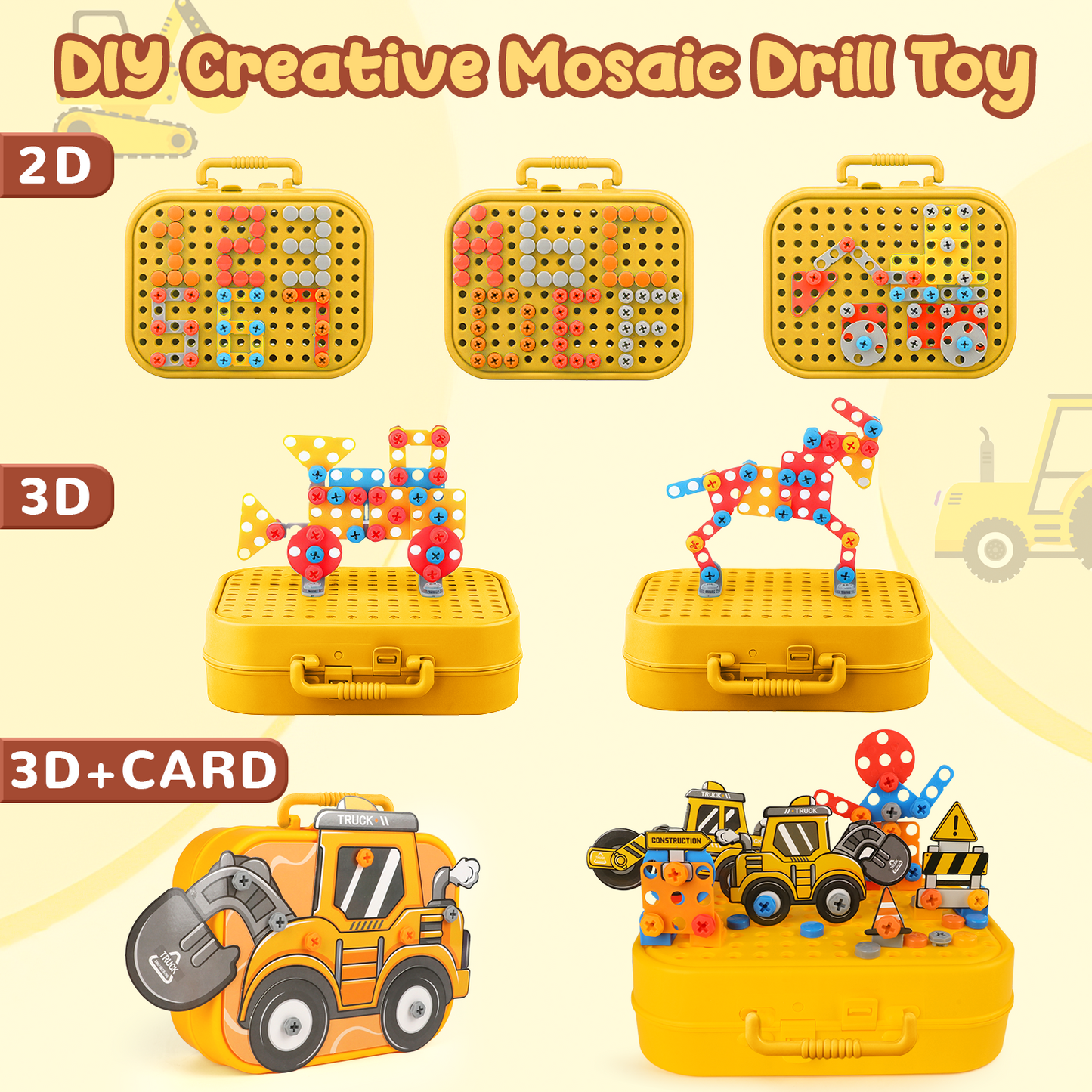 Huge Wave 229Pcs Kids Tool Set, Pretend Play Construction Toys with Tool Box & Glow Electronic Drill, Magic Montessori Play Toy 2D/3D, Christmas Gifts for Boys Girls Aged 3-8